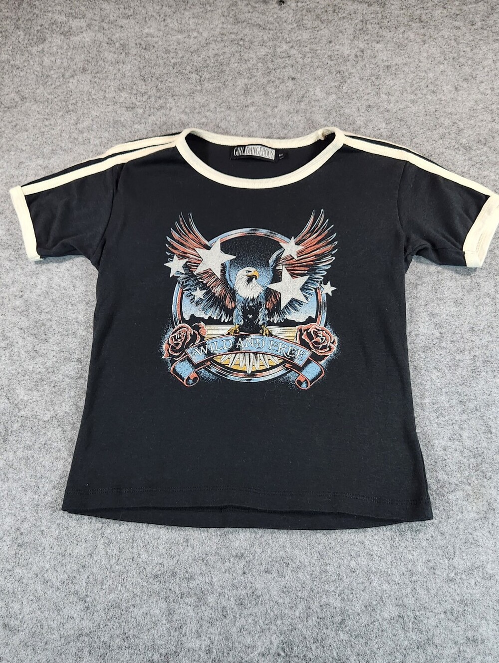 Girl Dangerous Black Eagle Graphic Crop Tee with Cream Trim Small